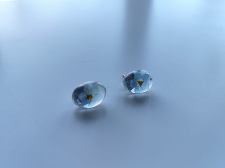 Owalne kolczyki z przezroczystej żywicy z niezapominajką