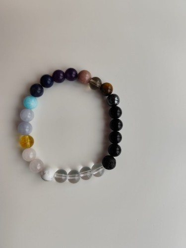 Bransoletka z kamieni - Tygrysie oko, lava, kwarc różowy, lapis lazuli, kryształ, ametyst, obsydian, hematyt i lepidolit - widok z góry