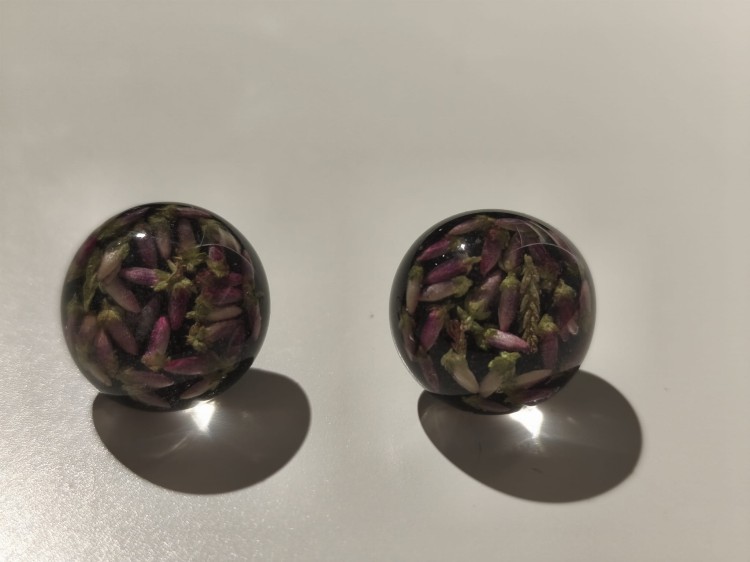 Kolczyki z ciemnej żywicy z nasionami wrzosu - widok zbliżony